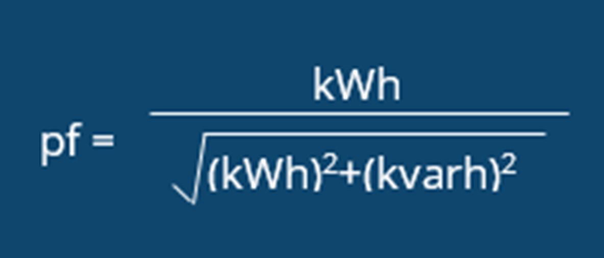power factor formula calculation: average power factor equals kwh (kilowatt-hours) divided by the square root of kwh (kilowatt hours) squared plus kvarh (kilovolt ampere reactive hours) squared