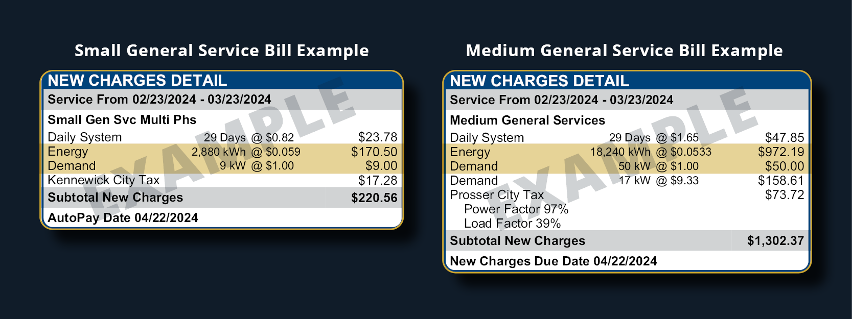 Small and Medium General Service Bill Examples